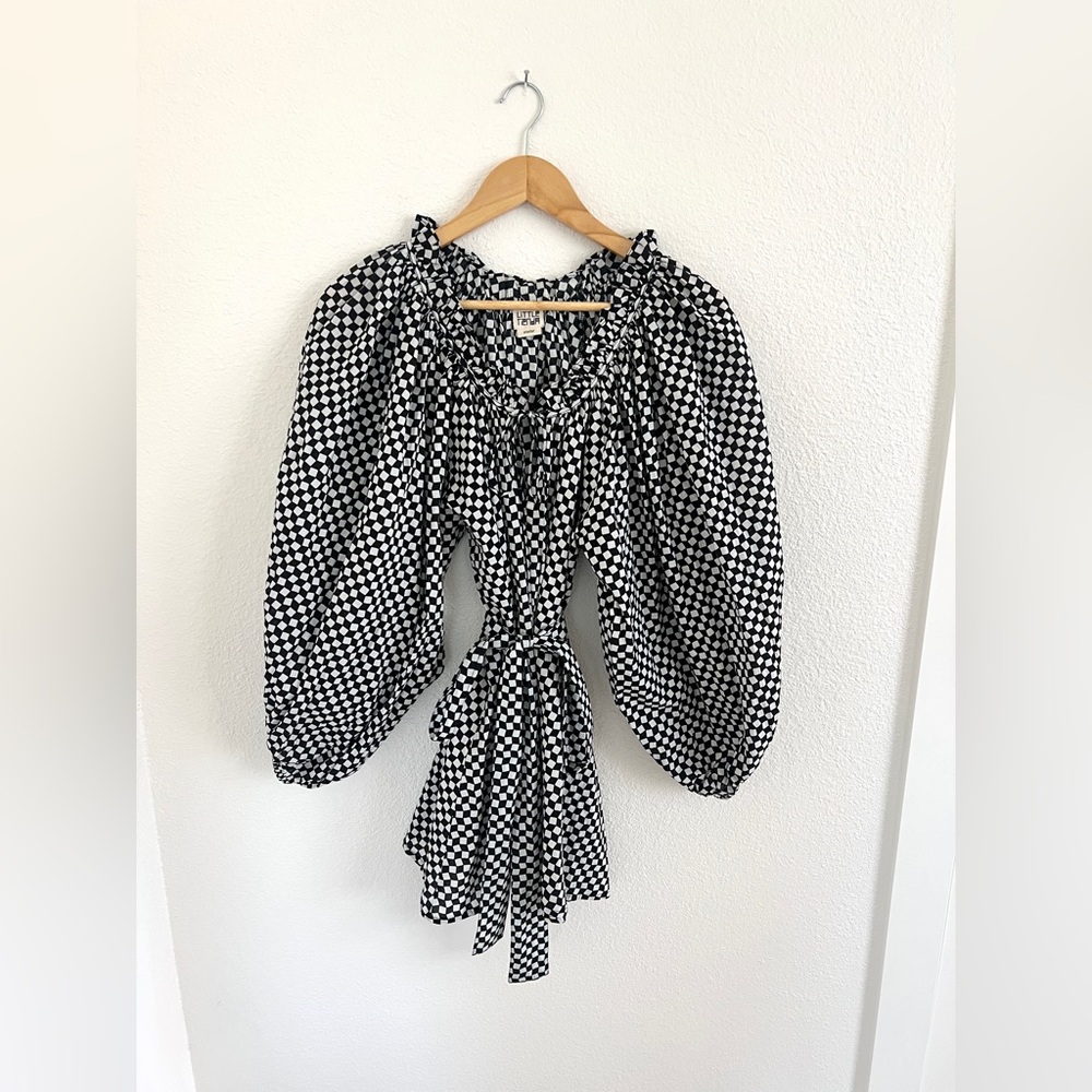 NWT LITTLE TIENDA blouse / black + white check La Vie top / size S